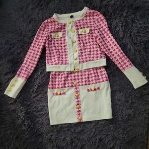 Pink Houndstooth Two-Piece Skirt Set with Gold Buttons